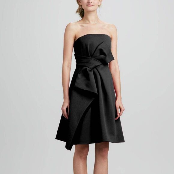 Haltston Heritage Satin Strapless Bow Front Cascading Cocktail Dress in Black - Picture 1 of 16
